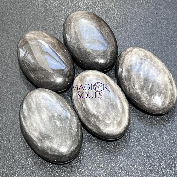 Silver Sheen Black Obsidian Palm Stone Gemstone Decor Carving Supply Home & Living > Spirituality & Religion > Prayer