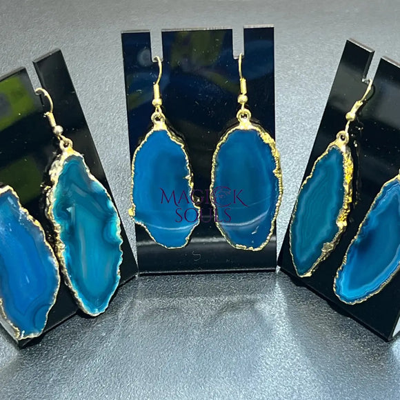 Teal Agate Slice Earrings (Gold Plated Edges)(Stainless Hooks) Geode Slice Jewelry Supply Jewelry > Earrings > Dangle &
